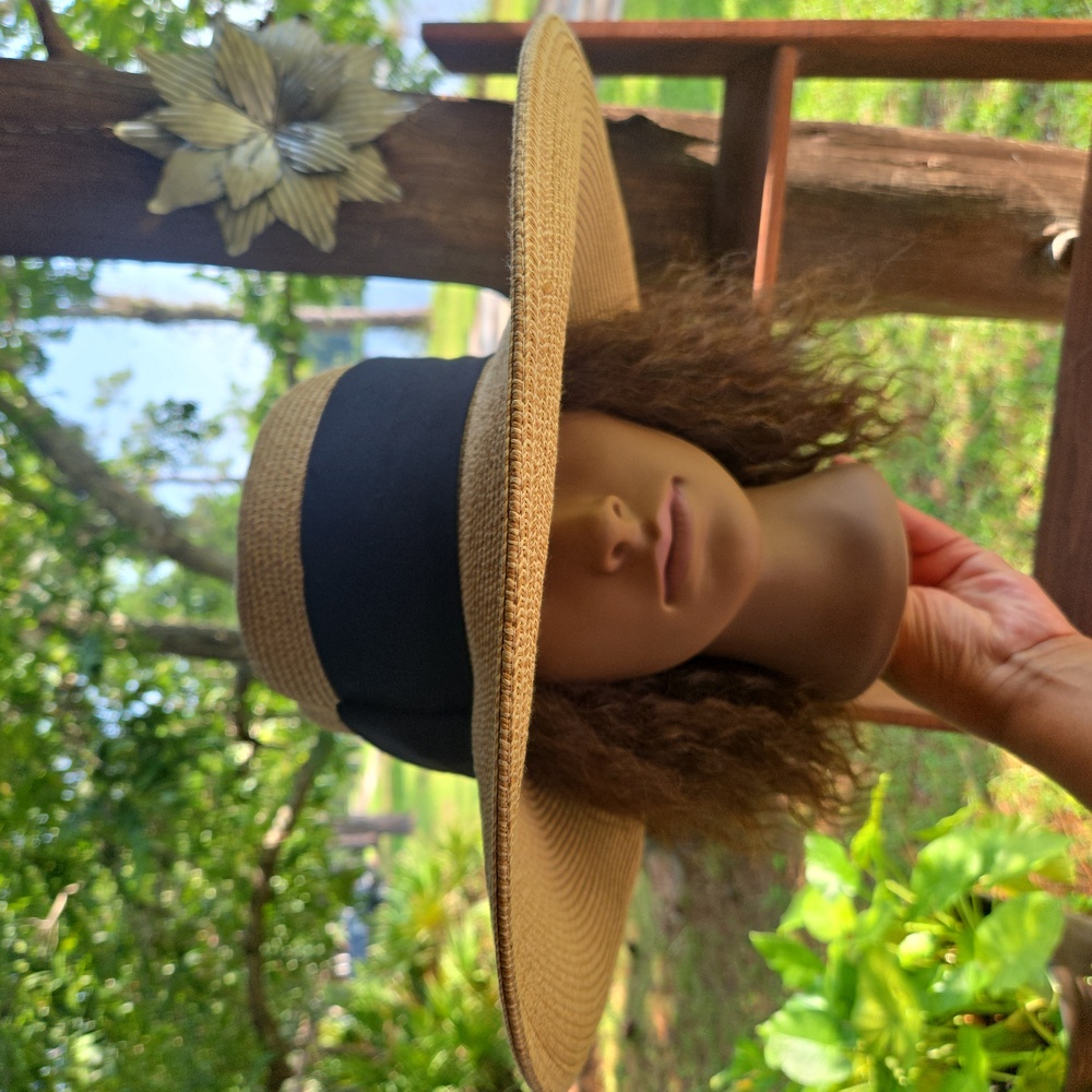 Nordstrom Rack Straw Wide Brim Floppy Hat With Black Bow Accent